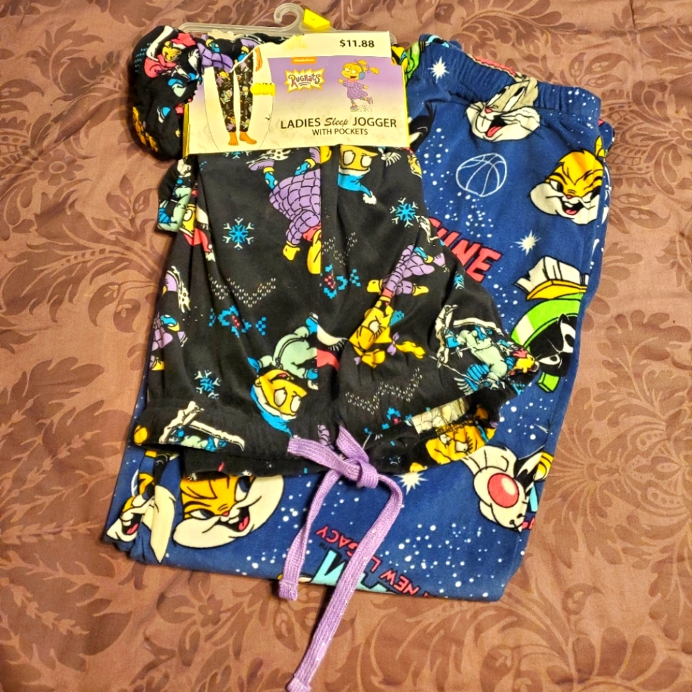 Ladies Joggers 2 pairs new Rugrats & Looney Tunes Large 12 14 sleep pants 90s